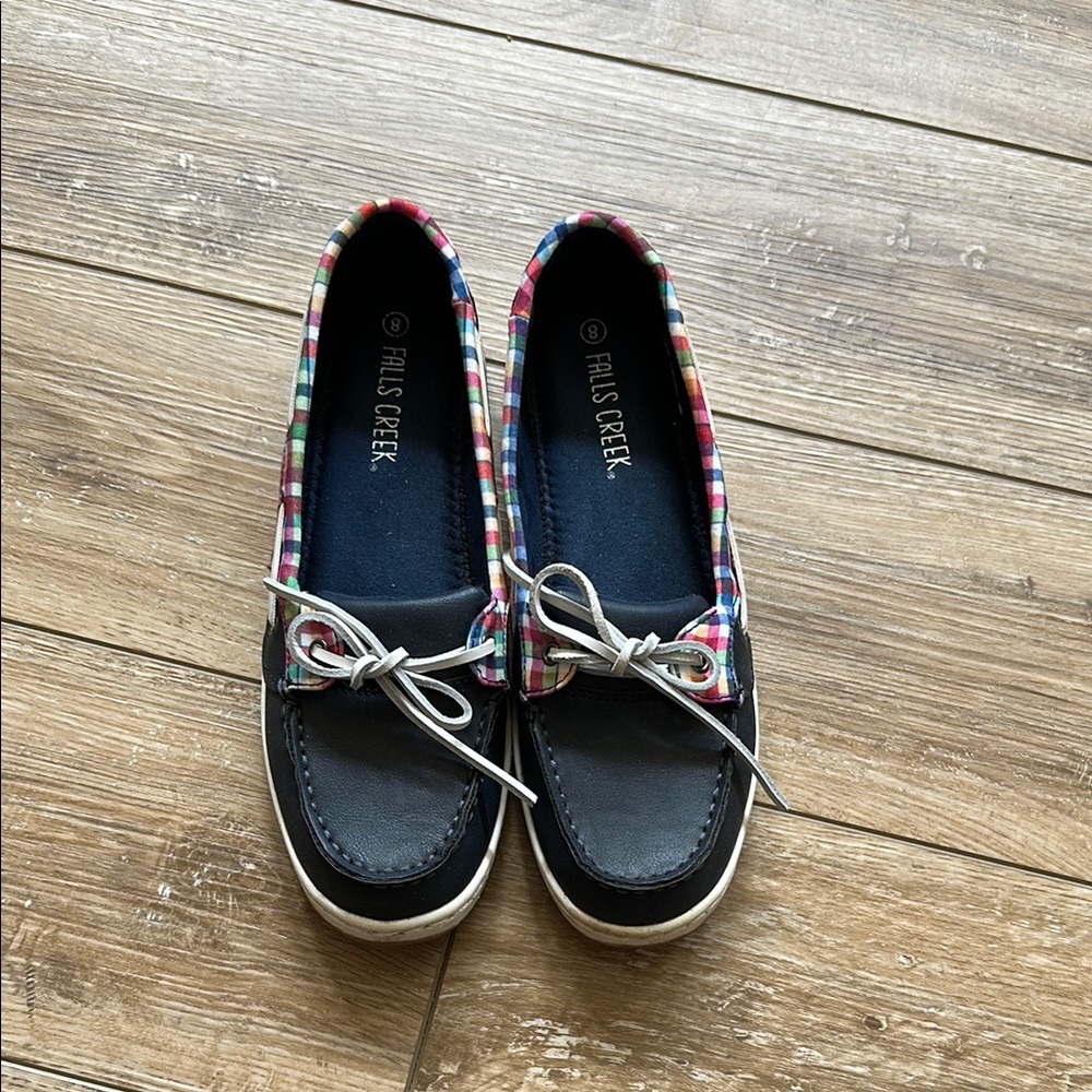 Falls Creek Navy Boat Shoes with Multicolor Trim Size 8